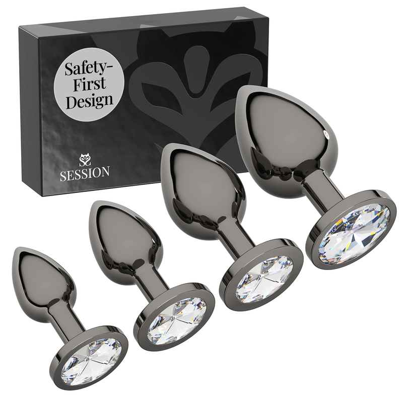 Metal Butt Plug Set – Circle Charm, Dark Silver - Clear